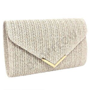 Straw Woven Clutch Evening Bag Elegant Chic Party Wedding Purse Gold Chain